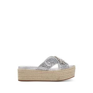 MIU MIU Womens Silver Round Toe Wedge Slip On Leather Espadrille Shoes 36.5